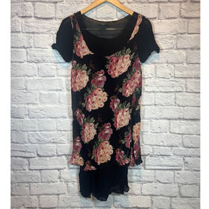 3/$15 Vintage 90s 2fer Dress Semi Sheer Black Pink Floral Short Sleeve Tank S